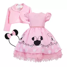 Vestido Minnie Rosa Infantil Luxo Aniversário + Bolero Tiara