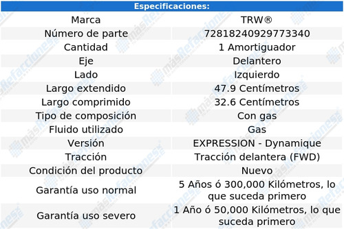 Amortiguador Gas Del Izquierdo Scala Fwd 11 Al 13 Trw Foto 2