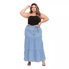 Saia Longa Jeans Evangélica 3 Marias Com Cinto Plus Size