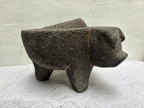 Antiguo Molcajete Piedra Volcánica Figura Cerdo Gris Oscuro