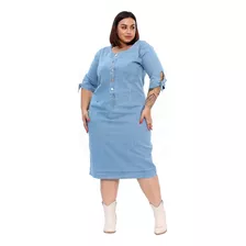 Vestido Midi Jeans Manga Curta Laço No Braço Plus Size