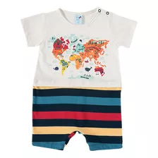 Macaquinho Bebê Curto Suedine Mapa Mundi E Listras Tip Top