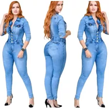 Macacão Jeans Feminino Manga 3/4 Modinha Blogueira Lançament