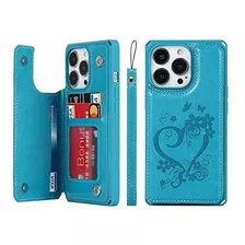 Funda Para iPhone 13 Pro Billetera Cuero Corazon Celeste