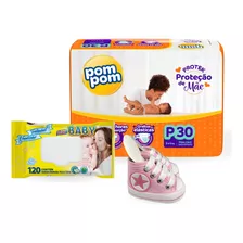 Kit Fralda Pom Pom Jumbo Toalhinha E Mimo Tênis Rosa