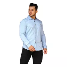 Camisa Social Masculina Jeans Manga Longa Slim 100% Algodão