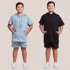Kit 2 Conjuntos Infantis Moletom Shorts E Camisa Canguru 