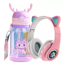 Fone De Ouvido Feminino Bluetooth Gatinho + Garrafinha 600ml