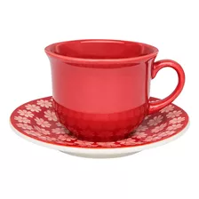 Juego De 6 Vasos Grandes De 200 Ml Con Platillo Rojo De Encaje Floral