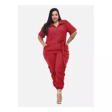  Macacão Longo Plus Size Jogger Skinny Com Bolsos Cargo 