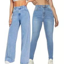 Kit 2 Calças Jeans Wide Leg E Básica Nova Moda Blogueiras