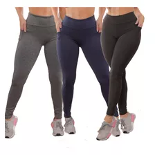 Kit 3 Calças Legging Suplex Academia Bolso Celular Fitness