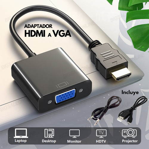 Adaptador Hdmi A Vga Conecta De Notebook O Pc A Monitor Televisor O Proyector / Activo Con Alimentación Y Audio Permite Conexiones Larga Distancia