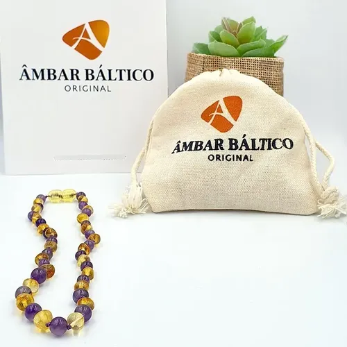 Colar De Âmbar Bebê Barroco Premium Limão E Ametista Polido - 33 Cm