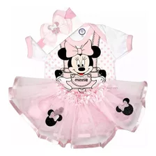 Body + Laço + Saia Fantasia Minnie Mesversário Temático