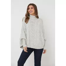 Poncho De Tricot Feminino Ralm De Tranças E Gola Alta- Prata