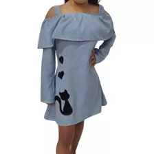 Vestido Hombros Descubiertos Y Volantes - Estampado Gatuno 