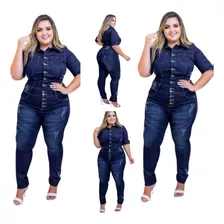 Macacão Jeans Feminino Plus Size Manga 3/4 Tentador