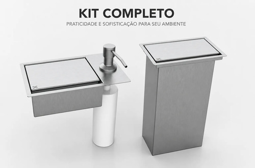 Kit Lixeira 7,1l + Porta Esponja Com Dispenser Inox Cinza