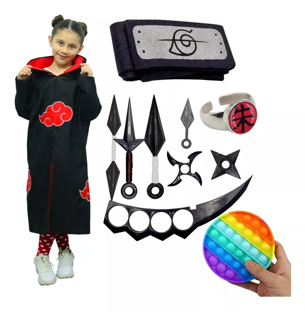 Kit Itachi Manto Akatsuki Infantil + 11 Itens Cosplay Naruto