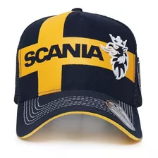 Boné Scania Trucker Caminhão Curva V8 Azul Marinho E Amarelo