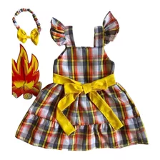 Vestido Infantil Menina Temático Xadrez Festa Junina Tiara