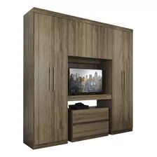 Guarda Roupa Solteiro 6 Portas Porto Legno Com Painel De Tv Cor Marrom-escuro