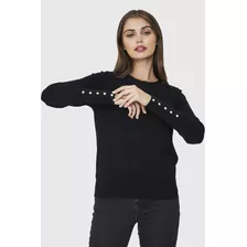 Sweater Punto Fino Detalles Perlas Negro Nicopoly