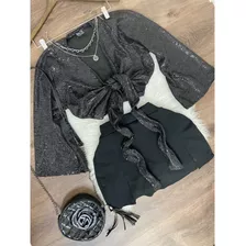 Conjunto Short Saia Fendinha + Cropped Paetê Temos Plus Size