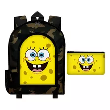 Combo Mochila Reforzada Camuflada + Cartuchera Bob Esponja