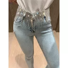 Calça Jeans Diamantes Com Cós De Strass Cristal Prata