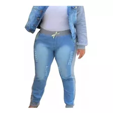 Calça Jeans Plus Size Feminina Detalhes Em Moletom C Lycra