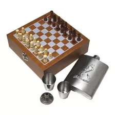 Set Ajedrez Madera + Petaca Acero Inox+ Vasos + Dosificador