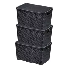 Kit Com 3 Cesto Caixas Organizadoras Rattan Média Preto 15l