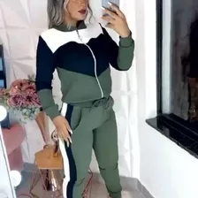 Conjunto Feminino Blusa Casaco Manga Longa C/ Zíper E Calça 