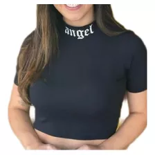 Blusa Cropped Feminino Angel Gola Alta Manga Curta 