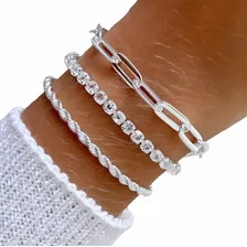 Mix Pulseiras Feminina Elos Riviera Cordão Baiano Prata