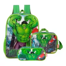 Kit Mochila Costas Lancheira E Estojo Hulk Verde Luxcel