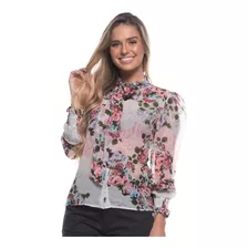 Blusa Feminina Angelical Florida Manga Bufante Rosa