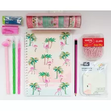 Kit Papelaria Flamingo Caderno Canetas Clips Washi Tape Etc