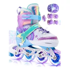 Patins Inline Infantil Sereia + Kit Proteção Rodas Em Led