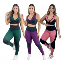 Kit 3 Conjuntos Fitness Calça Leggin E Top Roupa Ginástica