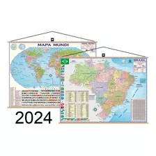 Mapa Brasil + Mundi Banner Moldura Laminado Gigante Politico