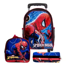 Mochila Infantil Rodinha Spider Man Com Lancheira Estojo Cor Preto Desenho Do Tecido Homem Aranha