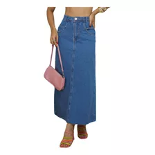 Saia Jeans Midi Com Fenda Cintura Alta