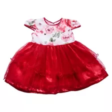 Vestido Para Bebê Festa Vermelho Estampado Com Saia De Tule 