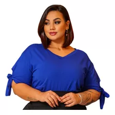 Blusa Plus Size Lisa Laço Na Manga Decote V Comportado 