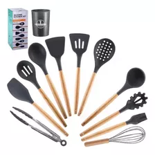 Set X12 Kit Utensilios De Cocina Mango Madera Punta Silicona