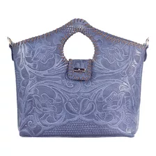 Bolsa Tote De Piel Grabada De Dama Color Azul Teresa Grabado