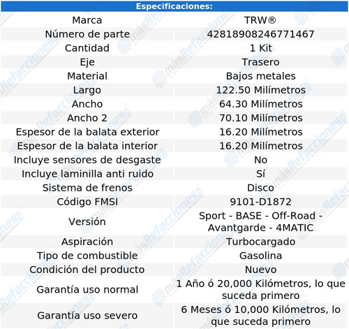 Balata Trasera Low Trw Mercedes Benz Glc300 2017 Foto 2